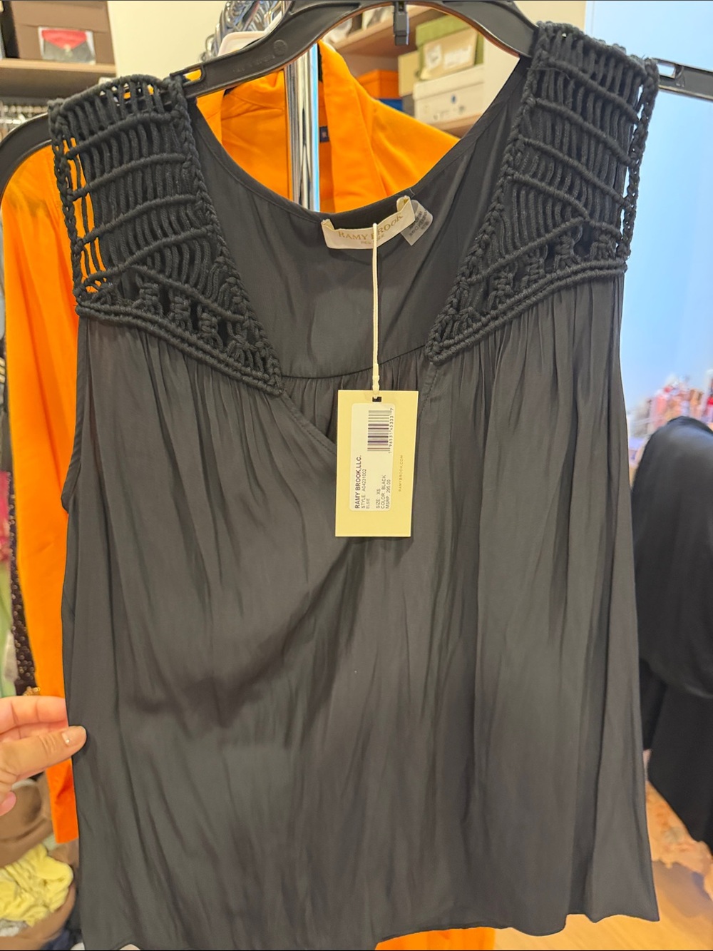 Ramy Brook Black Sleeveless Macramé Yoke Blouse